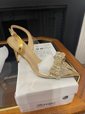 Gold Pointed Toe Slingback Heels with Embellished Bow
